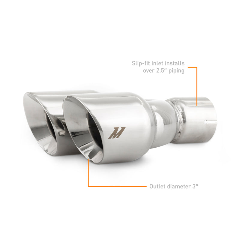 Load image into Gallery viewer, Mishimoto Dual Offset Tips 2.5in Inlet 3in Outlet Slash Cut - Polished

