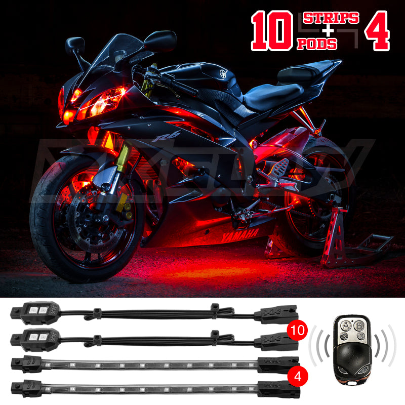 Load image into Gallery viewer, XK Glow Single Color XKGLOW LED Accent Light Motorcycle Kit Red - 10xPod + 4x8InStrips
