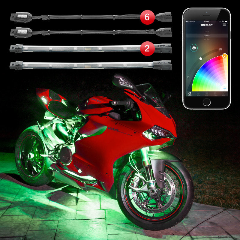 Load image into Gallery viewer, XK Glow Strip Million Color XKCHROME Smartphone App ATV/Motorcycle LED Light Kit 6xPod + 2x10In
