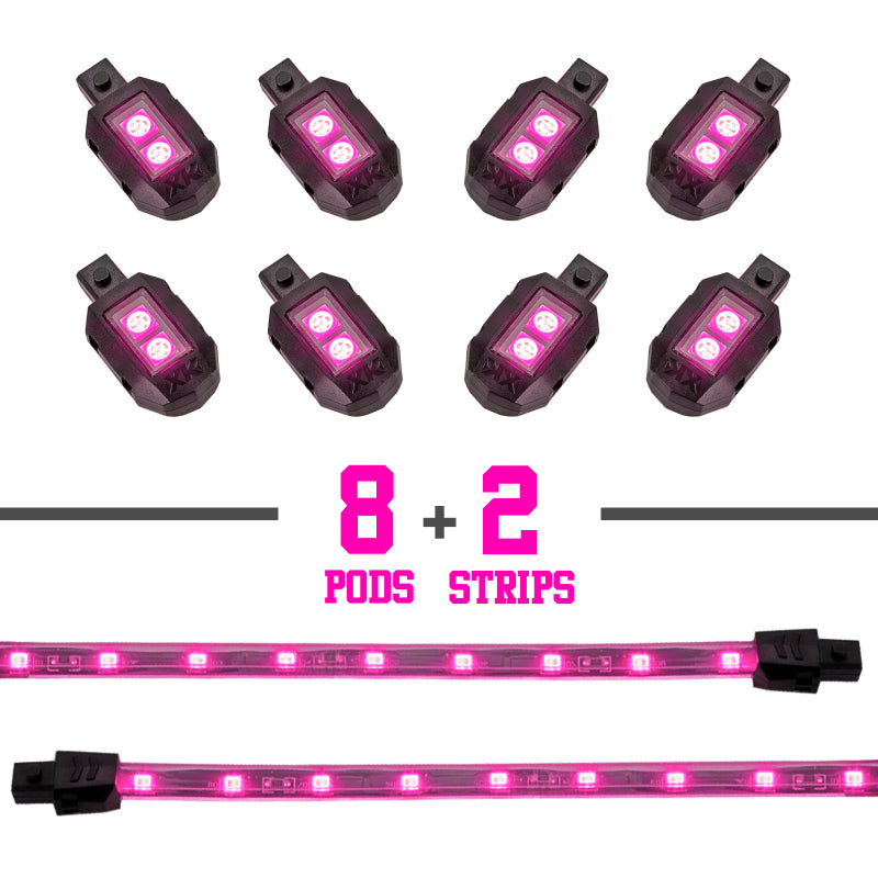 Load image into Gallery viewer, XK Glow Strips Single Color XKGLOW LED Accent Light Motorcycle Kit Pink - 8xPod + 2x8In
