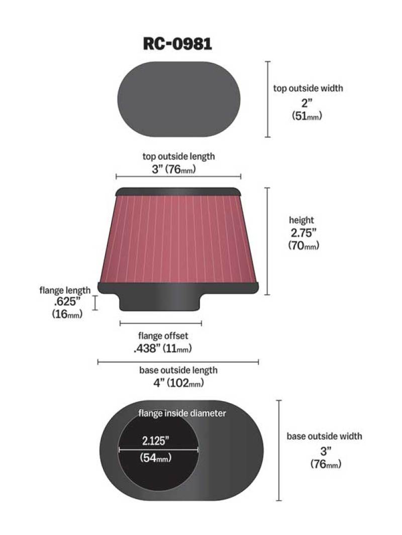 Load image into Gallery viewer, K&amp;N Uni Chrome Oval Tapered Filter 2.125in FlgID x 4inB OL x 3inB OW x 3inT OL x 2inT OW x 2.75in H

