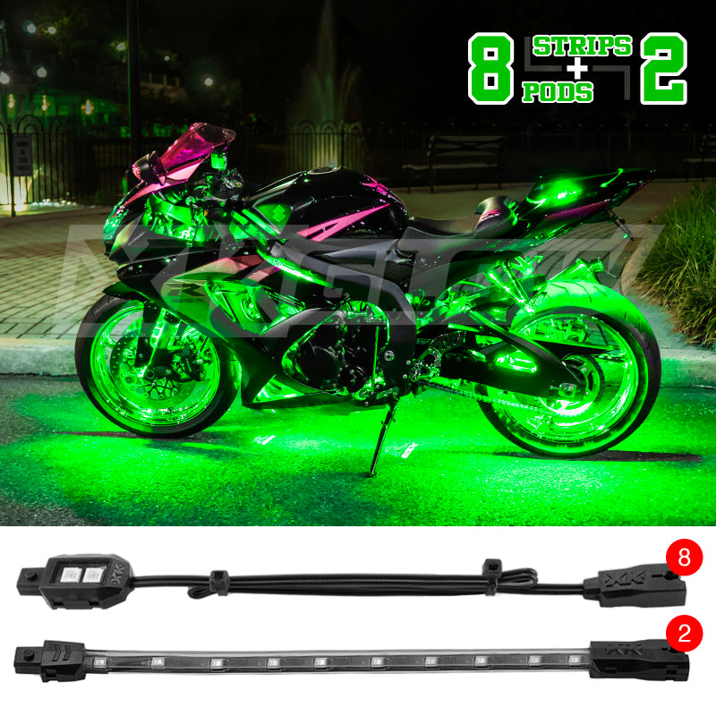Load image into Gallery viewer, XK Glow Strips Single Color XKGLOW LED Accent Light Motorcycle Kit Green - 8xPod + 2x8In
