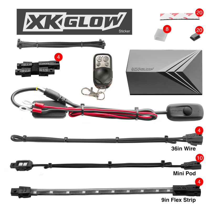 Load image into Gallery viewer, XK Glow Single Color XKGLOW LED Accent Light Motorcycle Kit Red - 10xPod + 4x8InStrips
