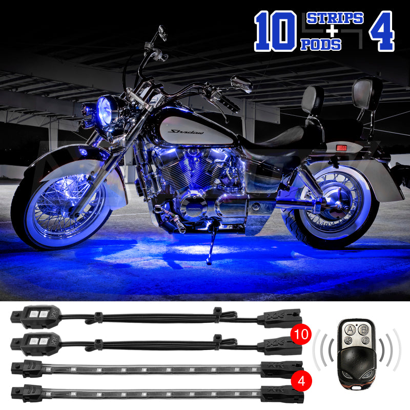 Load image into Gallery viewer, XK Glow Strips Single Color XKGLOW LED Accent Light Motorcycle Kit Blue - 10xPod + 4x8In
