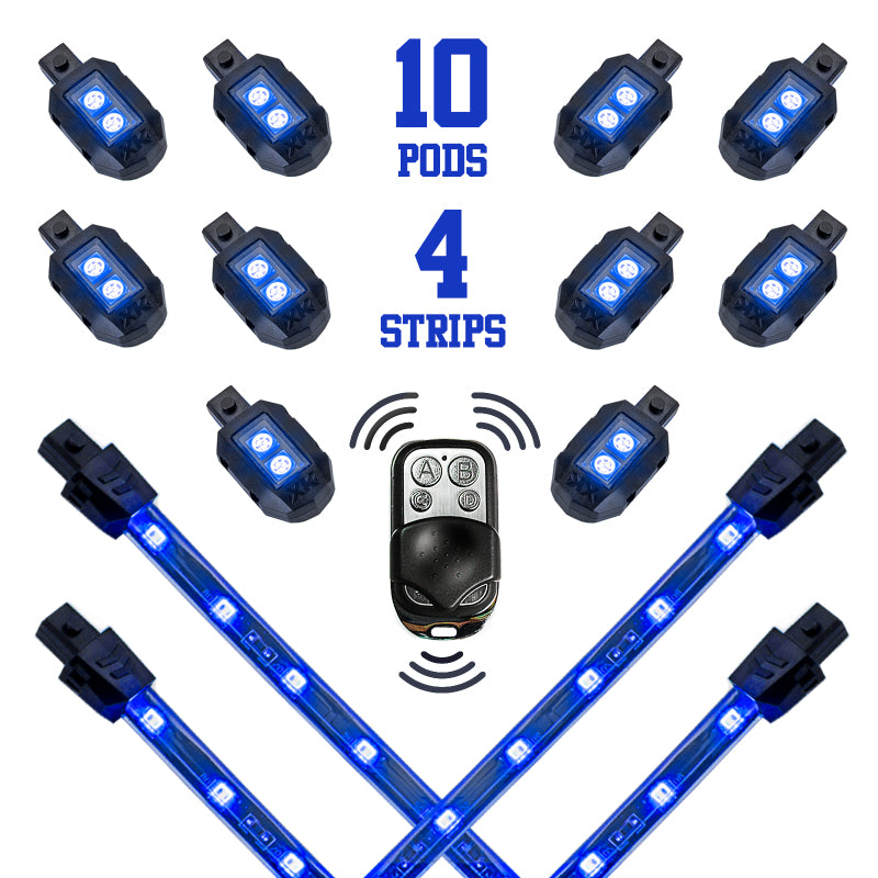 Load image into Gallery viewer, XK Glow Strips Single Color XKGLOW LED Accent Light Motorcycle Kit Blue - 10xPod + 4x8In
