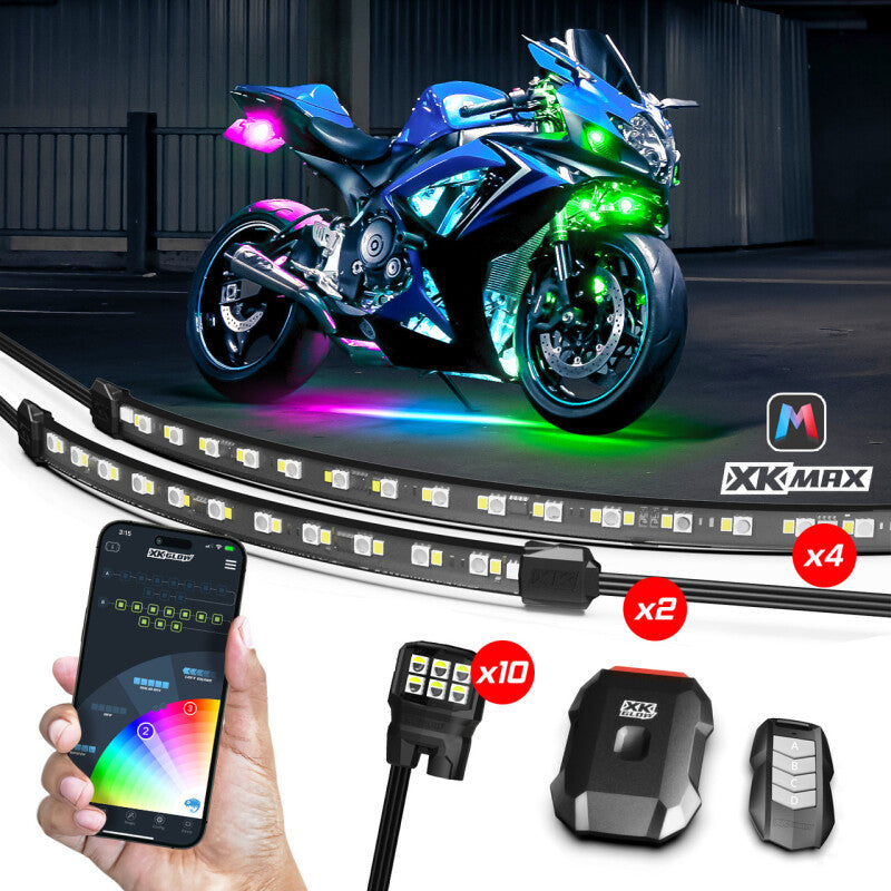 Load image into Gallery viewer, XK Glow XKmax RGBW 16pc addressable Motorcycle Underglow Light Kit
