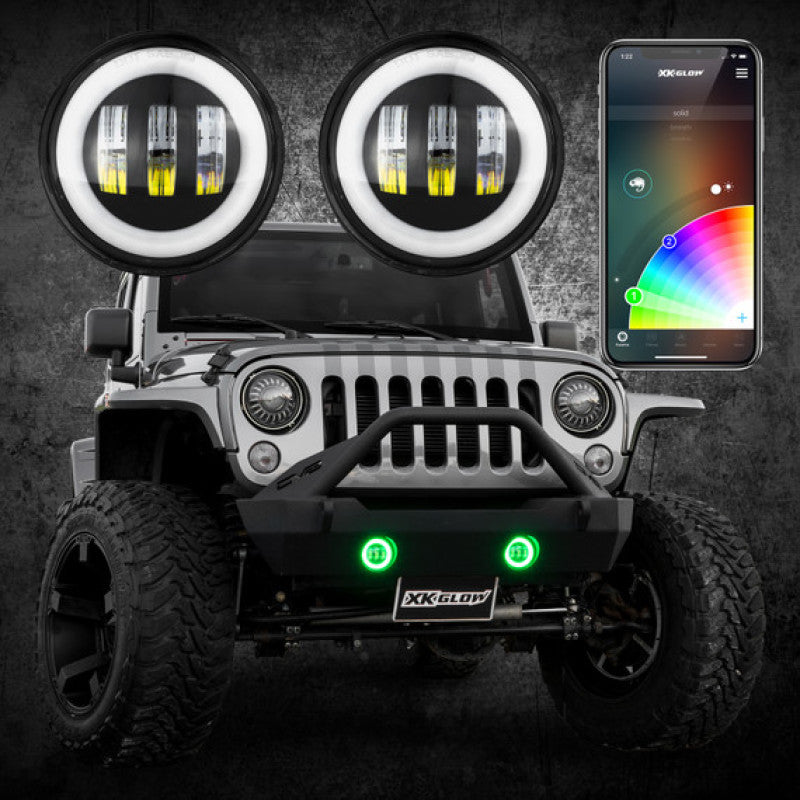 Load image into Gallery viewer, XK Glow 4In Black RGB LED Jeep Wrangler Fog Light XKchrome Bluetooth App Controlled Kit
