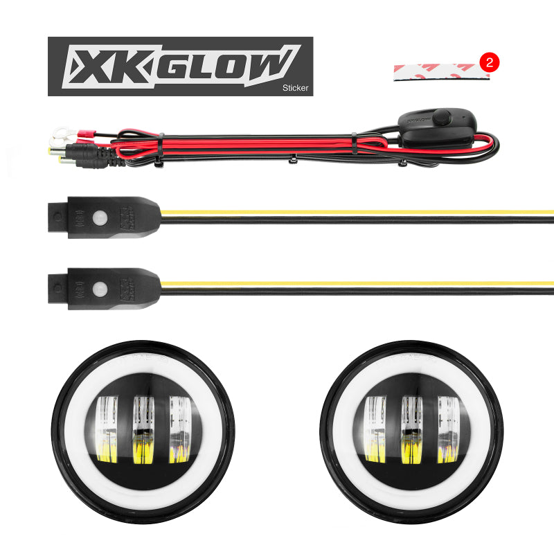 Load image into Gallery viewer, XK Glow 4In Black RGB LED Jeep Wrangler Fog Light XKchrome Bluetooth App Controlled Kit
