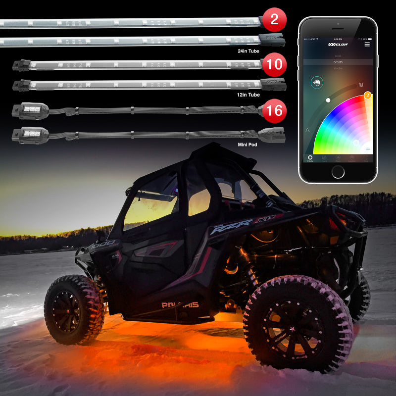 Load image into Gallery viewer, XK Glow Million Color XKCHROME App Controlled Offroad UTV Kit 2x24In Tube + 10x12In Tube + 16xPods
