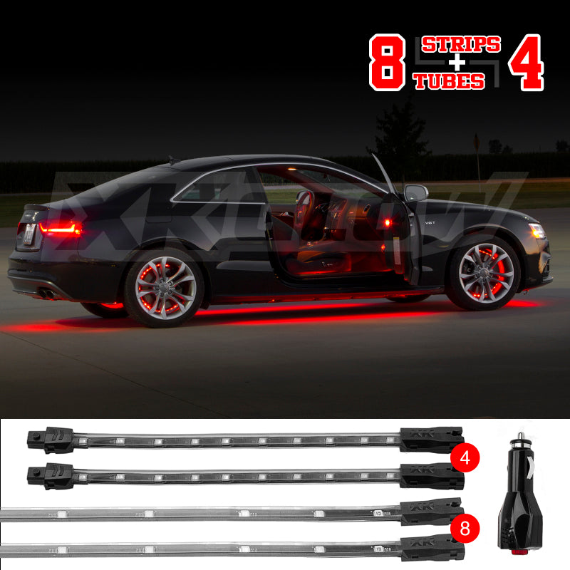 Load image into Gallery viewer, XK Glow Single Color XKGLOW UnderglowLED Accent Light Car/Truck Kit Red - 8x24In Tube + 4x8In Strip
