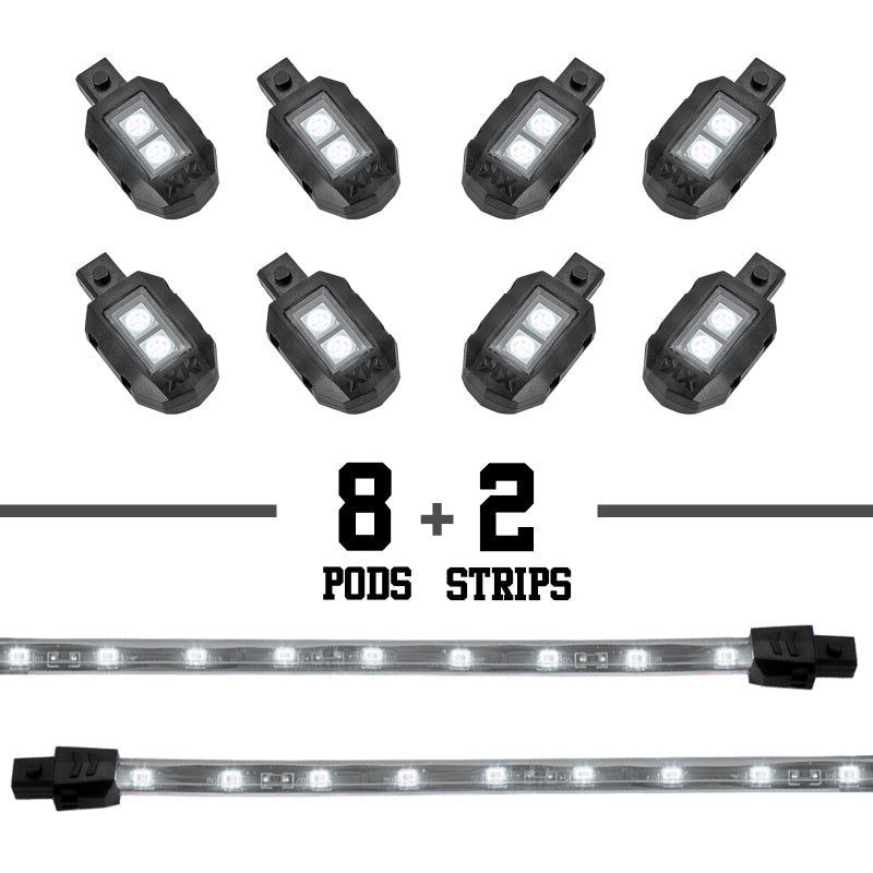 Load image into Gallery viewer, XK Glow Strips Single Color XKGLOW LED Accent Light Motorcycle Kit White - 8xPod + 2x8In
