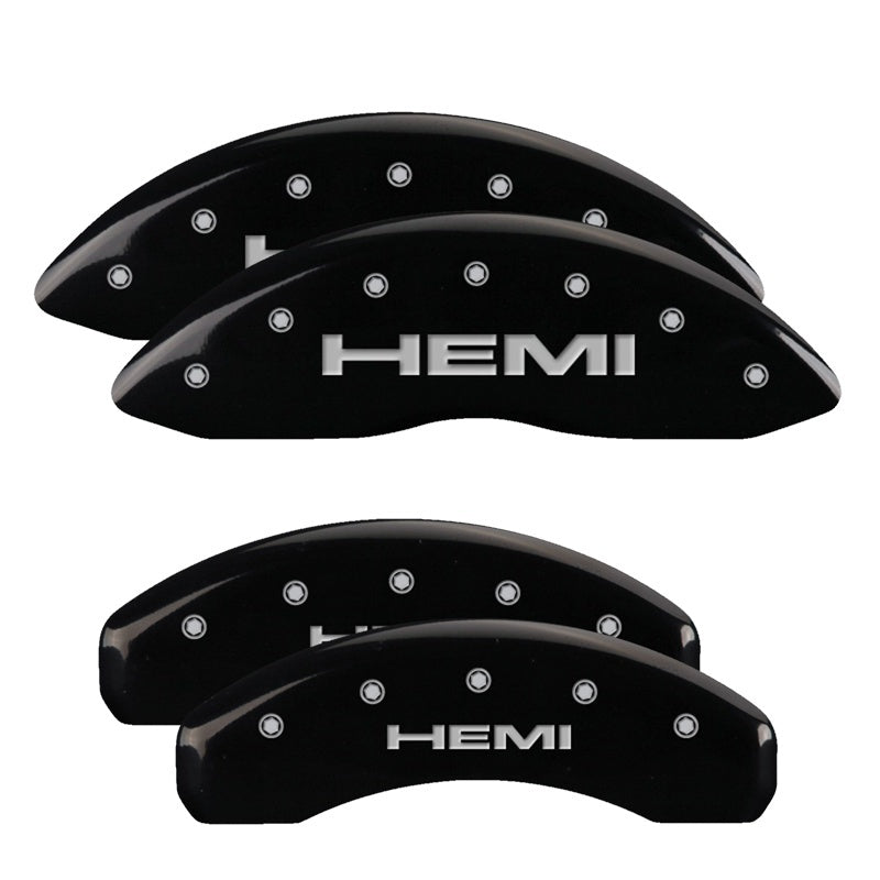 Load image into Gallery viewer, MGP 4 Caliper Covers Engraved Front &amp; Rear Hemi Black finish silver ch
