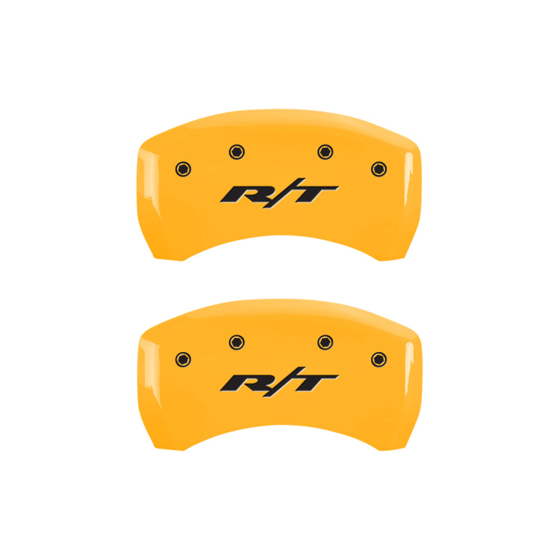 Load image into Gallery viewer, MGP 4 Caliper Covers Engraved Front &amp; Rear RT1-Truck Yellow finish black ch
