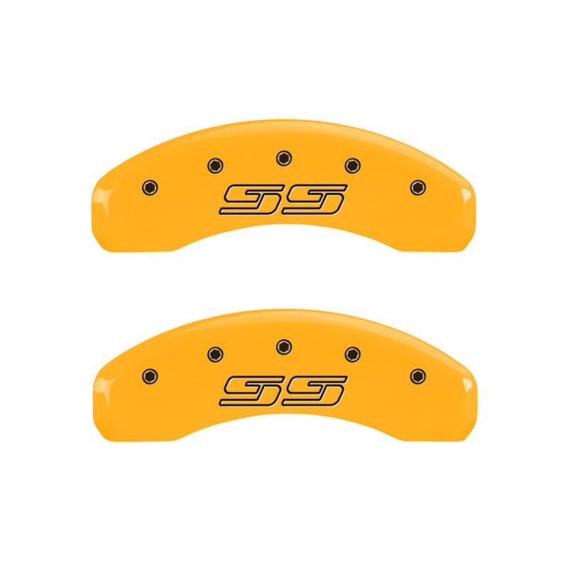 Load image into Gallery viewer, MGP 4 Caliper Covers Engraved Front &amp; Rear Avalanche style/SS Yellow finish black ch
