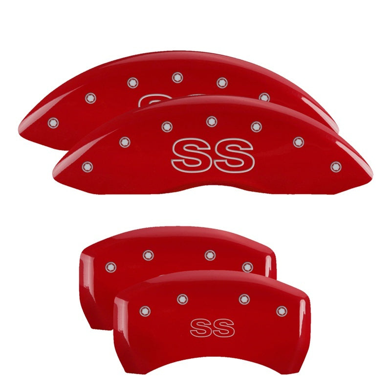 Load image into Gallery viewer, MGP 4 Caliper Covers Engraved Front &amp; Rear Classic/SS Red finish silver ch
