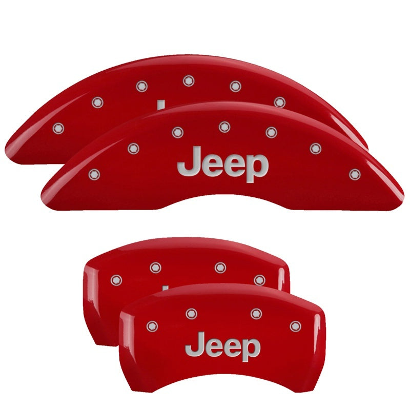 Load image into Gallery viewer, MGP 4 Caliper Covers Engraved Front &amp; Rear JEEP Red finish silver ch
