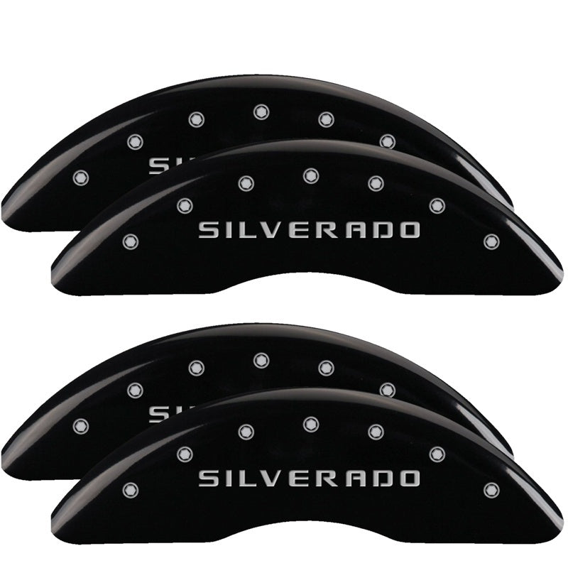 Load image into Gallery viewer, MGP 4 Caliper Covers Engraved Front &amp; Rear Silverado Black finish silver ch
