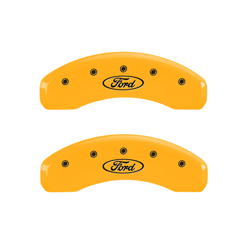 Load image into Gallery viewer, MGP 4 Caliper Covers Engraved Front &amp; Rear Oval Logo/Ford Yellow Finish Black Char 2011 Ford F-150
