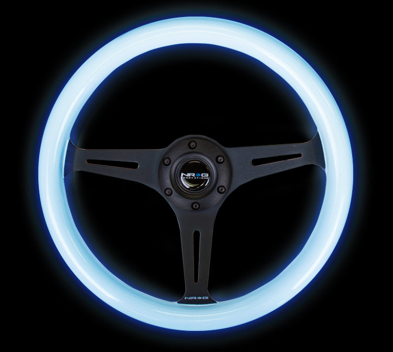 Load image into Gallery viewer, NRG Classic Wood Grain Steering Wheel (350mm) Glow-In-The-Dark Blue Grip w/Black 3-Spoke Center
