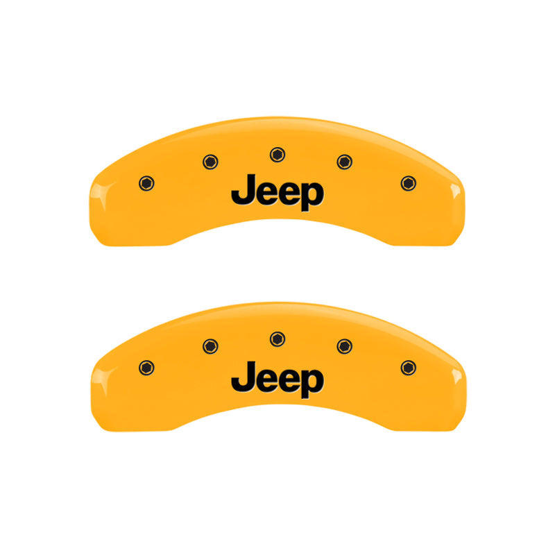 Load image into Gallery viewer, MGP 4 Caliper Covers Engraved Front &amp; Rear JEEP Yellow finish black ch
