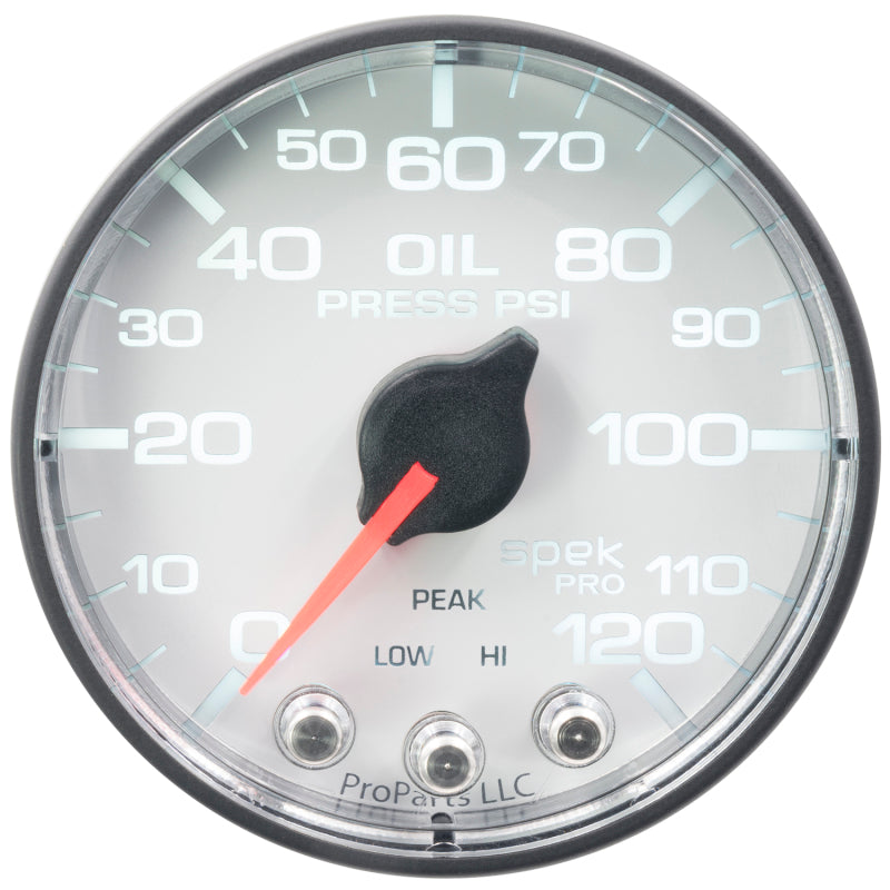Load image into Gallery viewer, Autometer Spek-Pro Gauge Oil Press 2 1/16in 120psi Stepper Motor W/Peak &amp; Warn Wht/Blk
