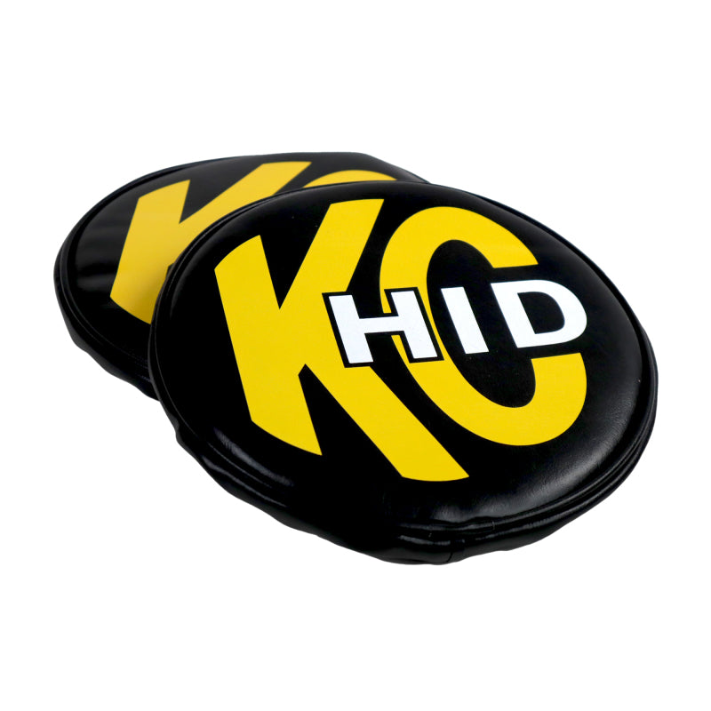 Load image into Gallery viewer, KC HiLiTES 8in. Round Soft Cover HID (Pair) - Black w/Yellow Brushed KC Logo
