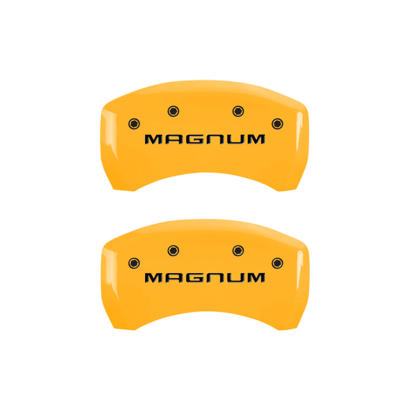 Load image into Gallery viewer, MGP 4 Caliper Covers Engraved Front &amp; Rear Magnum Yellow Finish Black Char 2006 Dodge Charger
