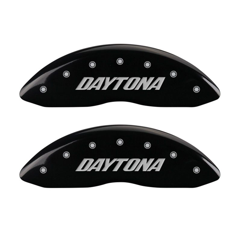 Load image into Gallery viewer, MGP 4 Caliper Covers Engraved Front &amp; Rear Daytona Black finish silver ch
