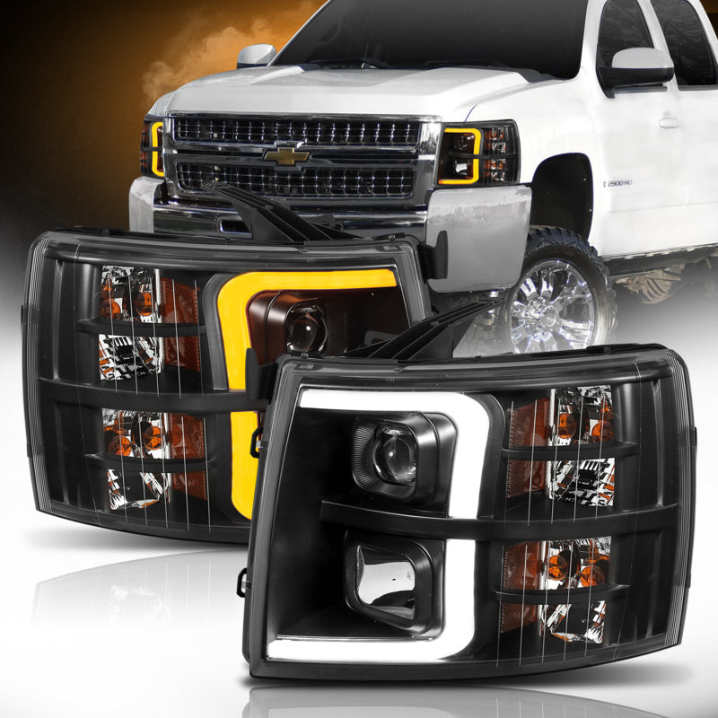 Load image into Gallery viewer, ANZO 07-13 Chevrolet Silverado 1500 Plank Style Projector Headlights Black w/ Amber
