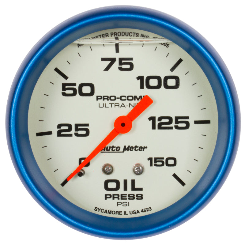 Load image into Gallery viewer, Autometer Ultra-Nite 2-5/8in 0-150 PSI Liquid Filled Mechanical Glow In Dark Oil Pressure Gauge
