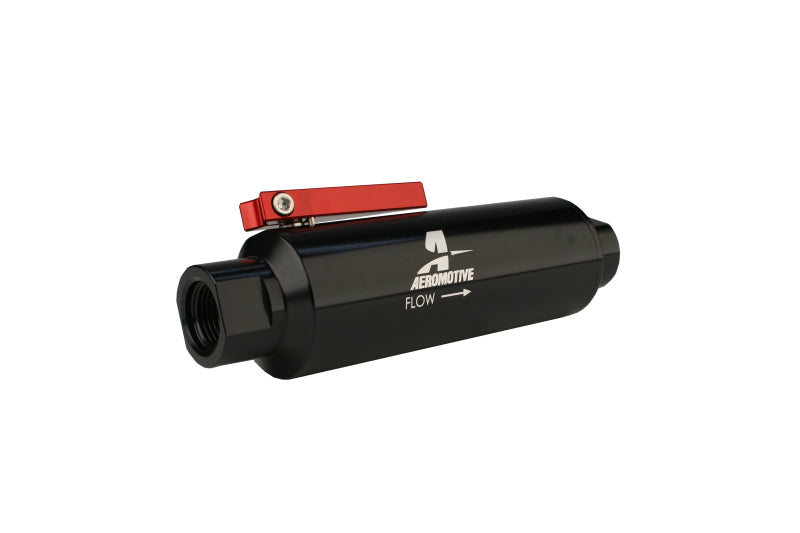 Load image into Gallery viewer, Aeromotive In-Line AN-10 Filter w/Shutoff Valve 100 Micron SS Element - Black Anodize Finish

