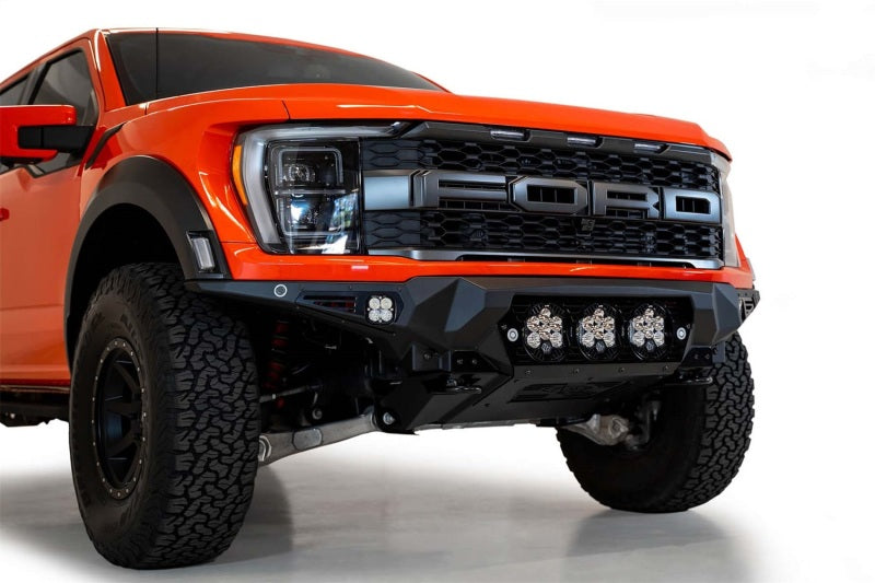 Load image into Gallery viewer, Addictive Desert Designs 2021+ Ford Raptor Bomber Front Bumper w/ 3 Baja Designs LP6 Light Mounts
