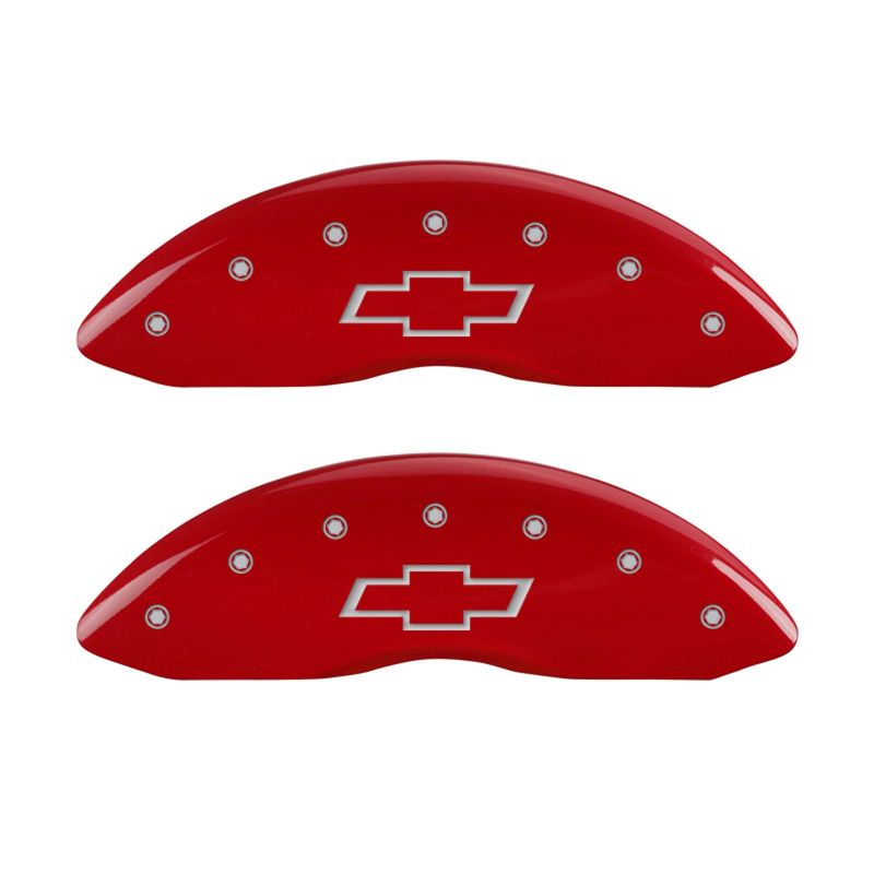 Load image into Gallery viewer, MGP 4 Caliper Covers Engraved Front &amp; Rear Bowtie Red finish silver ch
