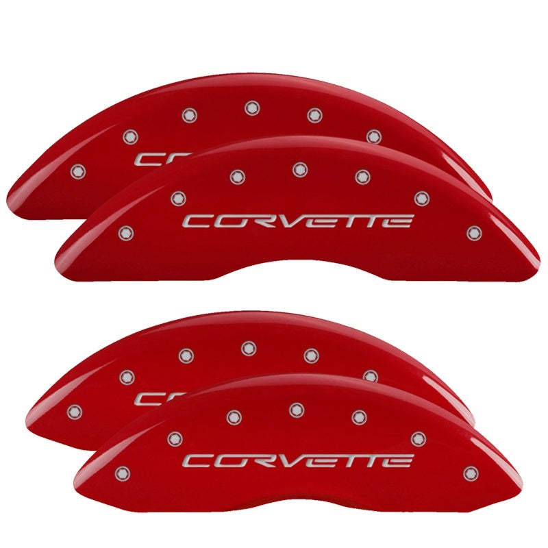 Load image into Gallery viewer, MGP 4 Caliper Covers Engraved Front &amp; Rear C6/Corvette Red finish silver ch
