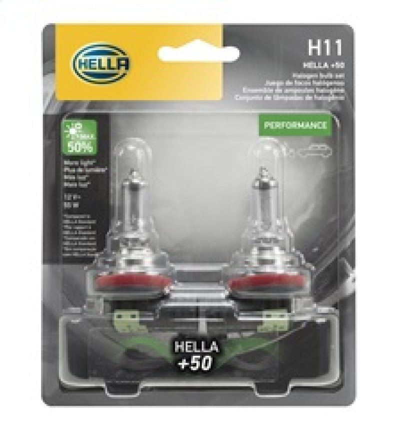 Load image into Gallery viewer, Hella H11 12V 55W PGJ19-2 T4 +50 Performance Halogen Bulb - Pair
