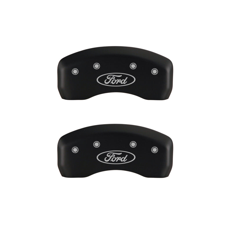 Load image into Gallery viewer, MGP 4 Caliper Covers Engraved Front &amp; Rear Oval logo/Ford Red finish silver ch
