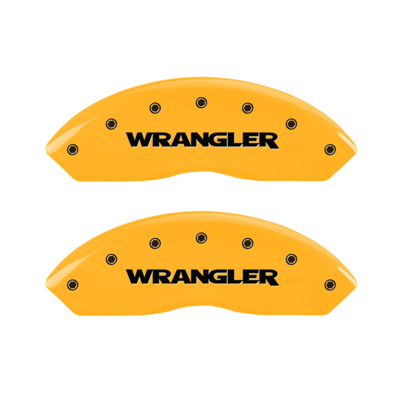 Load image into Gallery viewer, MGP 4 Caliper Covers Engraved Front &amp; Rear WRANGLER Yellow finish black ch
