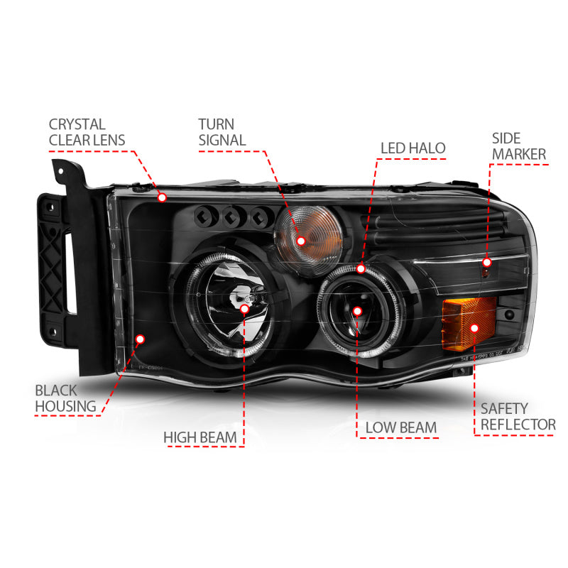 Load image into Gallery viewer, ANZO 2002-2005 Dodge Ram 1500 Projector Headlights w/ Halo Black Clear Amber
