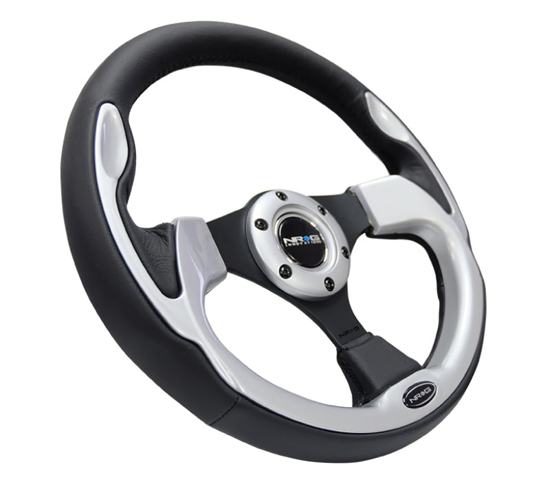 Load image into Gallery viewer, NRG Reinforced Steering Wheel (320mm) Blk w/Silver Trim &amp; 5mm 3-Spoke
