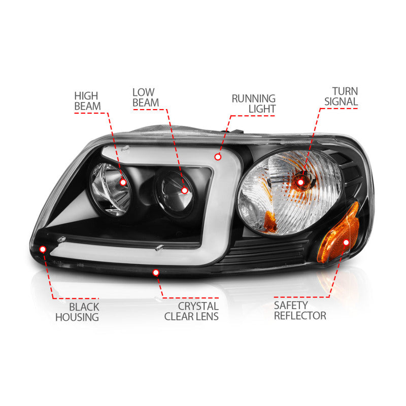 Load image into Gallery viewer, ANZO 1997-2003 Ford F-150 Projector Headlights w/ Light Bar Black Housing
