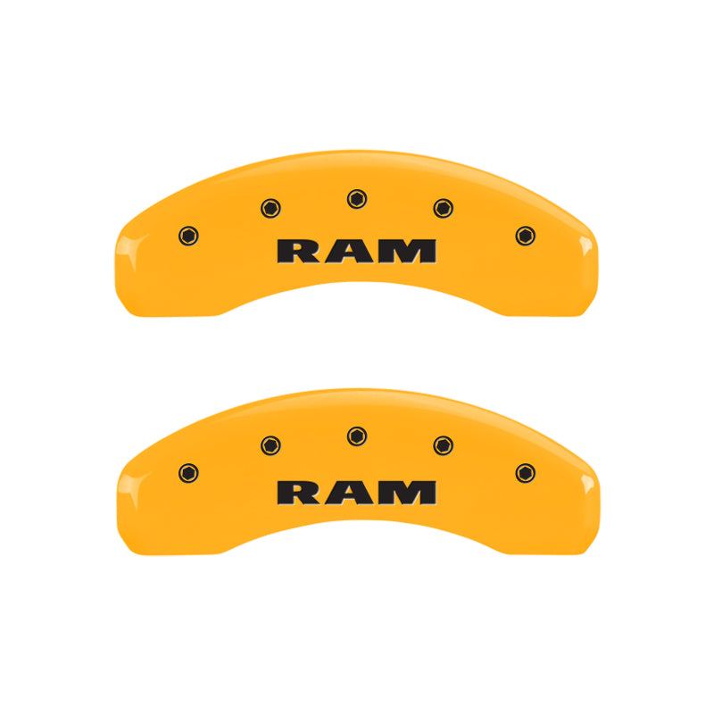 Load image into Gallery viewer, MGP 4 Caliper Covers Engraved Front &amp; Rear Ram Yellow Finish Black Char 2006 Dodge Durango

