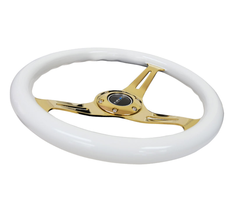 Load image into Gallery viewer, NRG Classic Wood Grain Steering Wheel (350mm) White Grip w/Chrome Gold 3-Spoke Center
