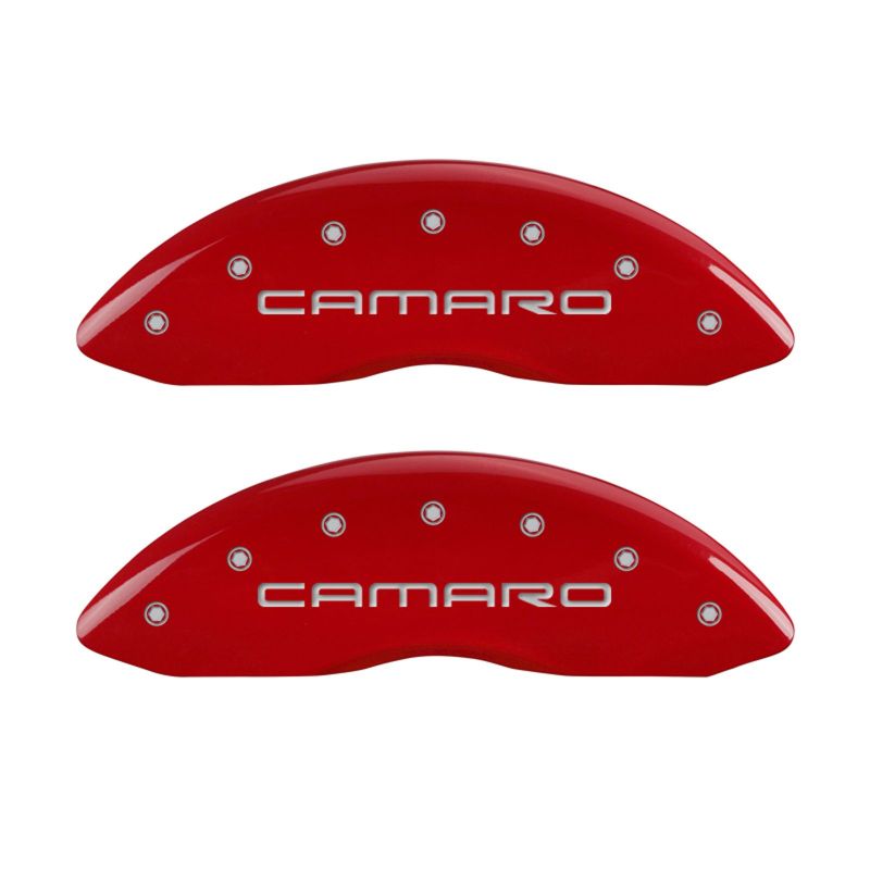 Load image into Gallery viewer, MGP 4 Caliper Covers Engraved Front &amp; Rear Gen 4/Camaro Red finish silver ch
