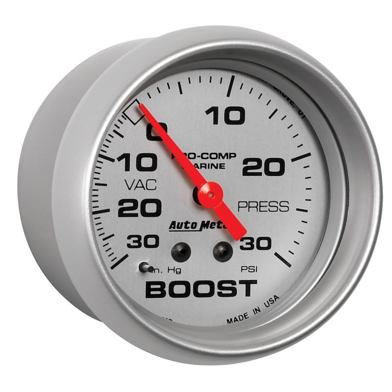 Load image into Gallery viewer, AutoMeter Marine Vac/Boost Gauge 2 5/8in  30INHG 30PSI Mechanical- Silver
