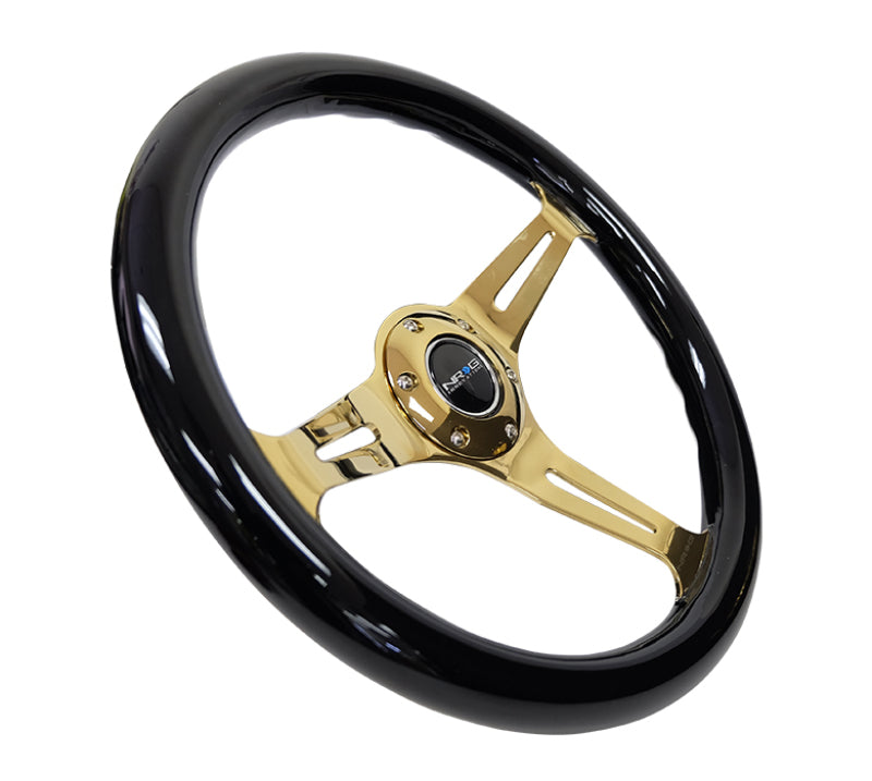 Load image into Gallery viewer, NRG Classic Wood Grain Steering Wheel (350mm) Black Grip w/Chrome Gold 3-Spoke Center
