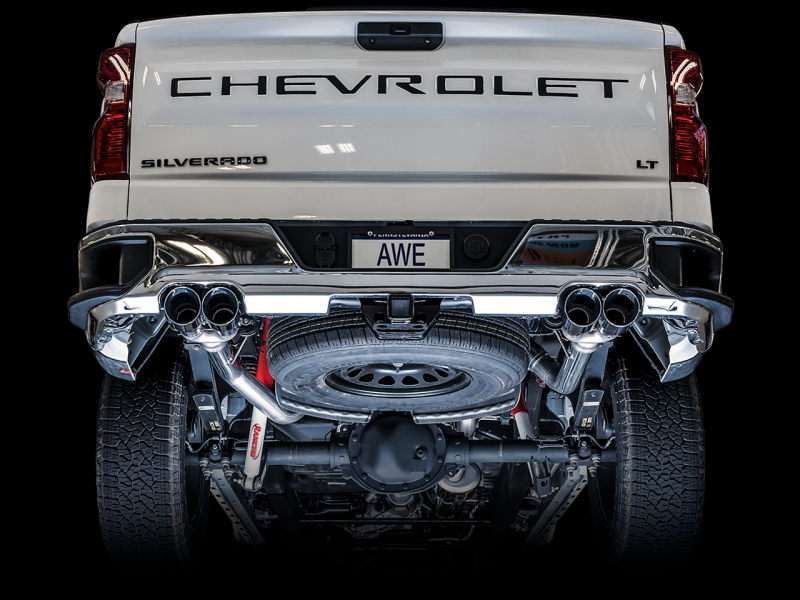 Load image into Gallery viewer, AWE Tuning 4th Gen GM 1500 5.3L 0FG Cat-Back Split Rear Exit (w/ Bumper Cutouts) - Quad Chrome Tips
