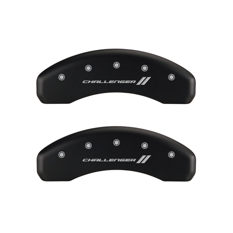 Load image into Gallery viewer, MGP 4 Caliper Covers Engraved Front &amp; Rear With stripes/Challenger Red finish silver ch
