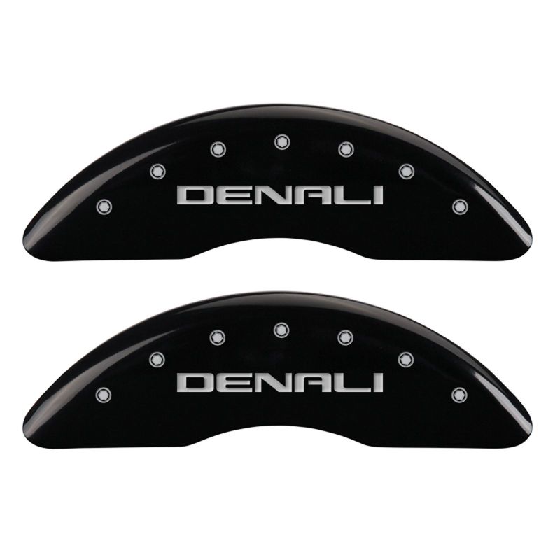 Load image into Gallery viewer, MGP 4 Caliper Covers Engraved Front &amp; Rear Denali Black finish silver ch
