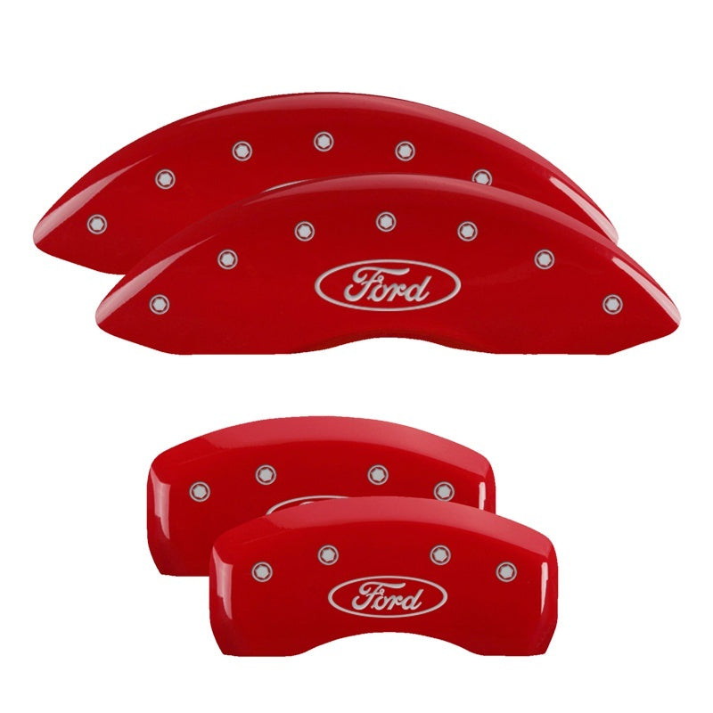 Load image into Gallery viewer, MGP 4 Caliper Covers Engraved Front &amp; Rear Oval logo/Ford Red finish silver ch
