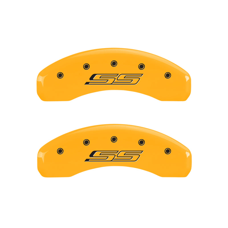 Load image into Gallery viewer, MGP 4 Caliper Covers Engraved Front &amp; Rear Gen 5/SS Yellow finish black ch
